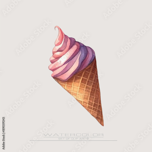 A watercolor ice cream cone with soft pastel scoops. Sweet, gentle, and perfect for children’s designs, summer themes, or cute dessert collections.