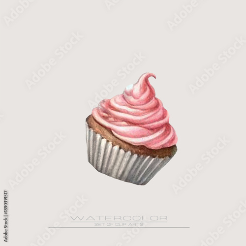 A watercolor cupcake with soft pink cream in a swirl. Gentle, sweet, and perfect for children’s projects or cozy dessert scenes