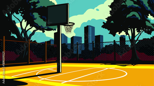 A basketball court with city buildings behind it