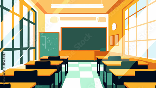 Illustration of a classroom with desks and board