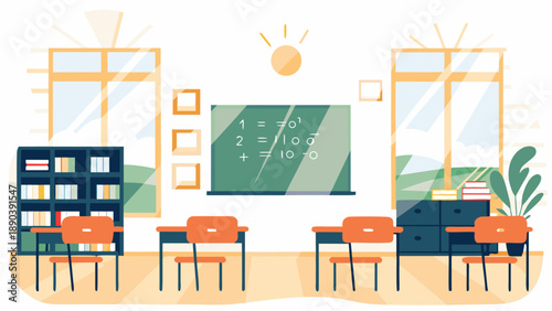 Classroom scene with desks and blackboard design