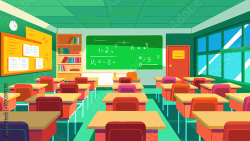 Illustration of a classroom with desks and board