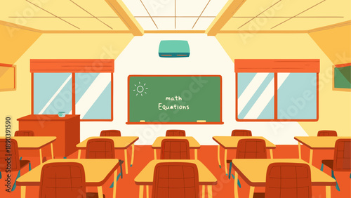 Illustration of a classroom with desks and board