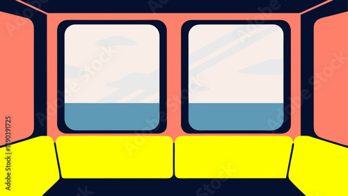 Inside view of a train car with two large windows