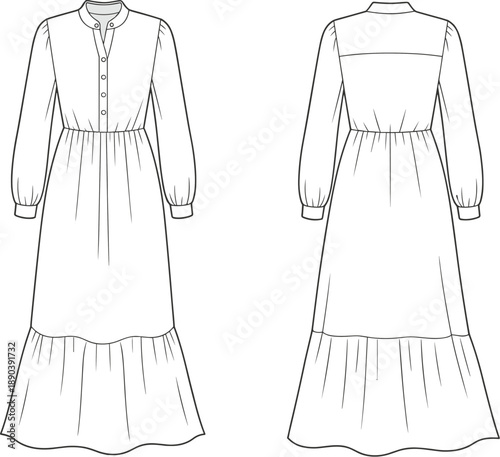 Elegant long sleeve tiered maxi dress, fashion flat sketch, technical drawing, garment design, front and back view illustration