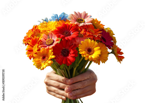Holding a bouquet of colorful flowers isolated on white background High quality photo