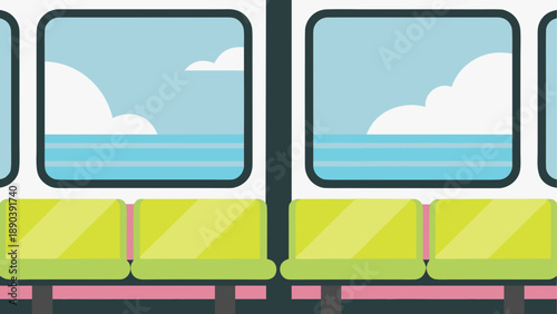 Interior view of a train with ocean view windows