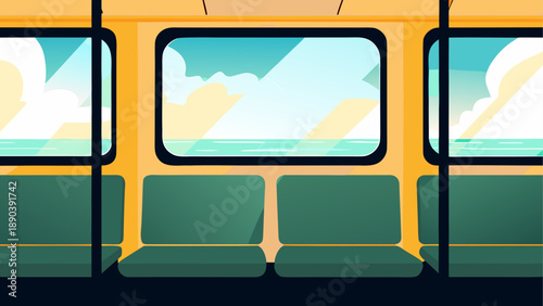 Interior view of a train car with ocean scenery