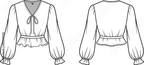 Elegant women's blouse fashion sketch, long sleeve peplum top design, technical garment illustration for apparel industry, vector