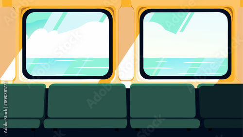 Interior view of train car with window and seats