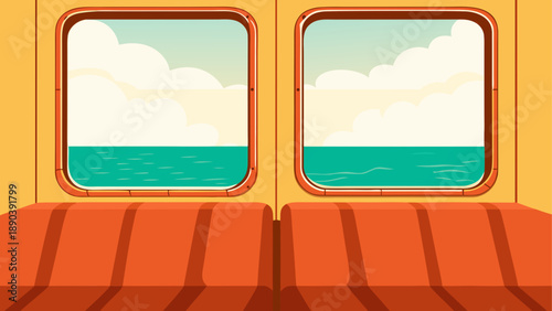 Interior view of train car with ocean view windows