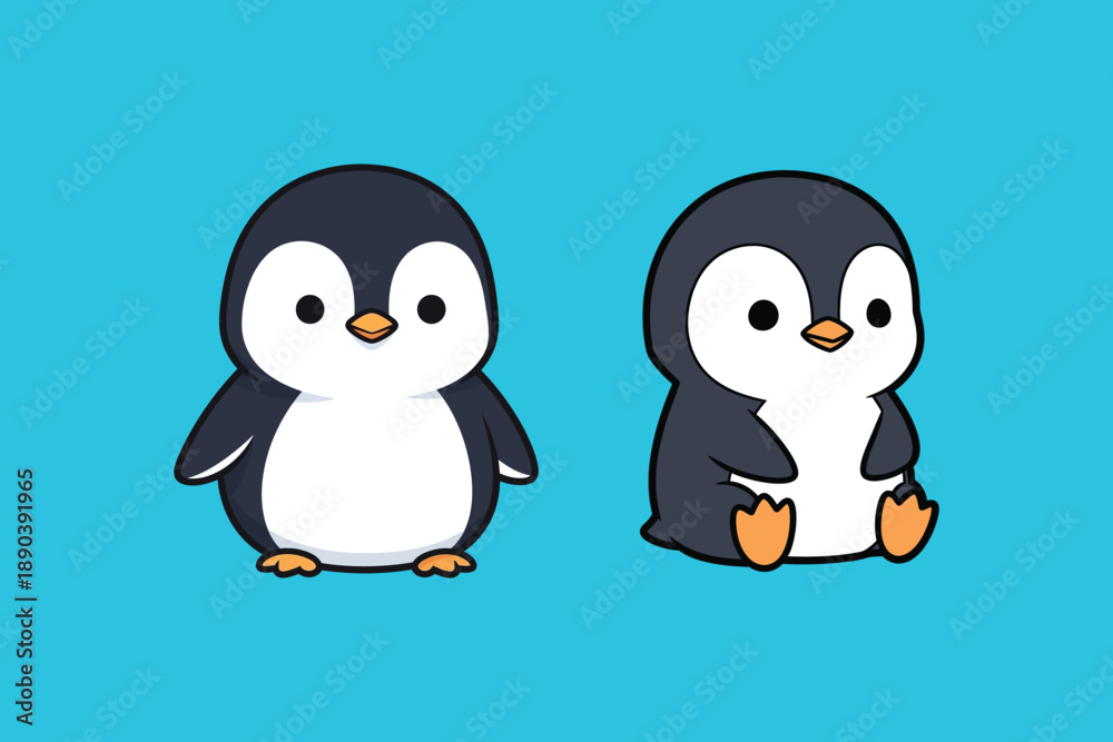 Fototapeta premium Two cartoon penguins standing and sitting on blue background.