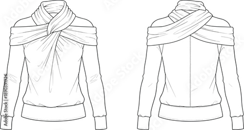 Elegant women's fashion top with twisted neckline, draped silhouette, fitted sleeves, stylish back seam, modern garment design