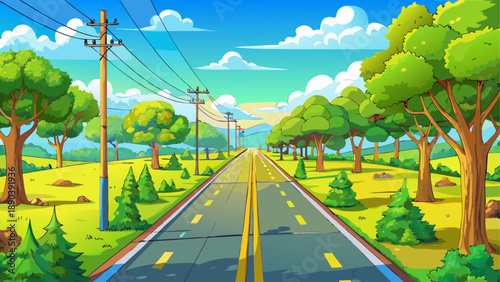 Cartoon road with trees and power lines scenery