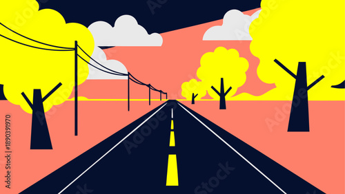 A road stretches into the distance with trees sky