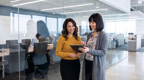 Two diverse female colleagues smiling and collaborating with a tablet in a modern, open-plan corporate office.