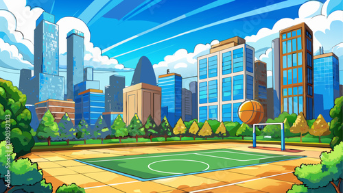 Cartoon city park with basketball court and trees