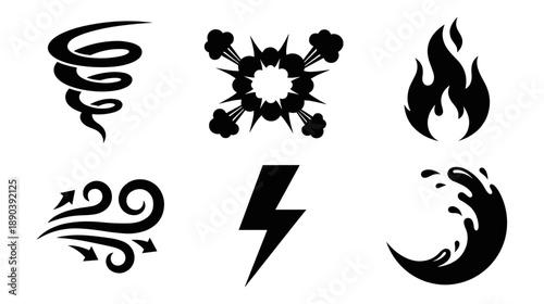 A collection of minimalist black silhouettes depicting various natural forces and weather phenomena such as a twister blast flame breeze thunderbolt and ocean wave splash