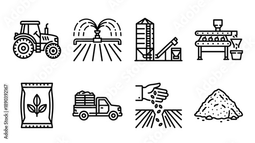 Collection of black linear icons representing modern farming equipment including a tractor sprinkler system grain storage silo processing line seed bag truck and sowing hand