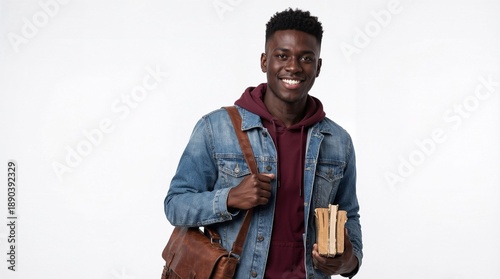 Confident young Black male university student smiling with books and messenger bag on white background.