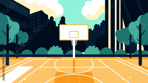 Basketball court in a city park with trees around