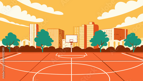 Basketball court with buildings and trees view
