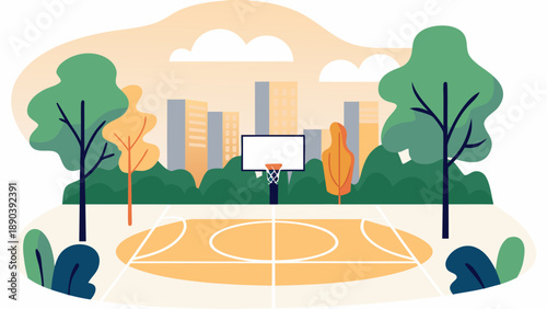 A basketball court in a park with city skyline