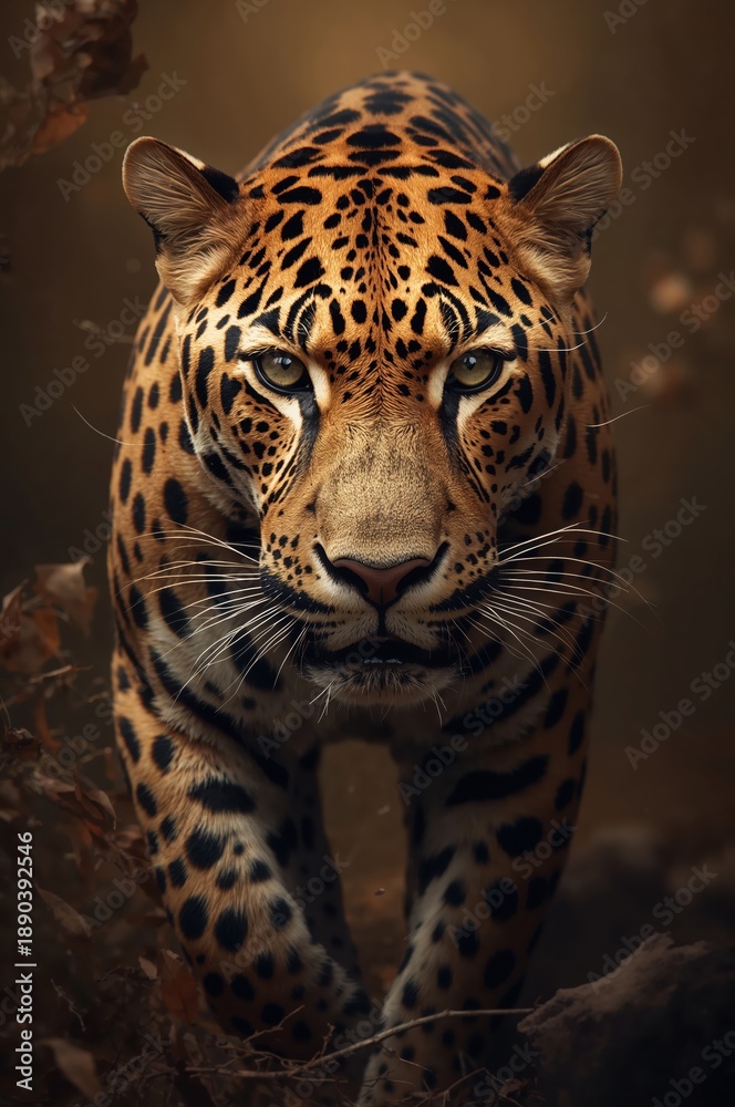 Obraz premium Majestic jaguar portrait showing muscular big cat with spotted fur in warm nature light