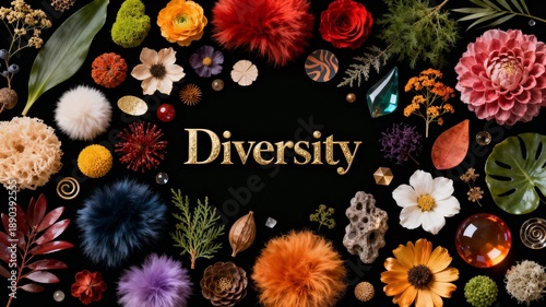 Colorful arrangement of a variety of floral forms and objects representing the diversity concept, on a black background with a 'Diversity' sign 