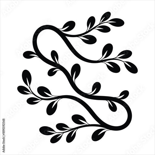 Black silhouette of two elegant wavy vines with multiple leaves on a clean white background
