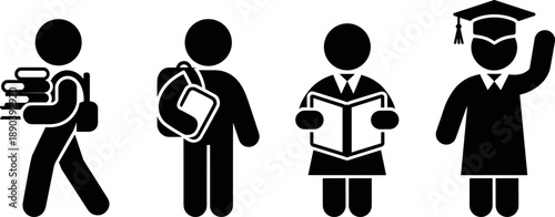 Set of educational student stick figure icons depicting a student carrying books wearing a backpack reading and graduating in a gown for school concepts.t