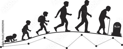 Life Cycle Concept Silhouette Featuring Human Aging Process from Baby to Elderly Man Walking Toward Gravestone for Healthcare Insurance Planning and Life Stages Marketing