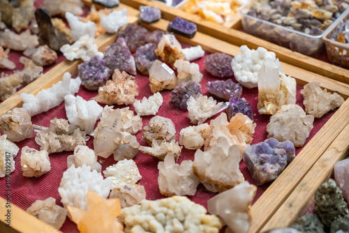 Bild auf Leinwand Stall filled with various precious and semi precious stones and crystals Altai Russia