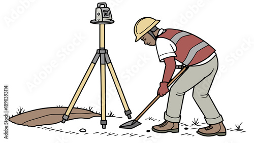 A colored illustration of a surveyor in a hard hat and red safety vest, using a shovel to dig a hole in the ground next to a total station on a tripod, GNSS/GPS pole vector 