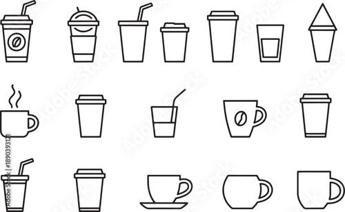 Various coffee and tea cups and glasses icons different shapes and designs