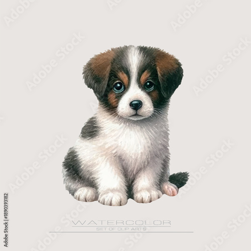 A watercolor vector puppy walking calmly with a gentle smile. Great for storybooks and animal scenes.