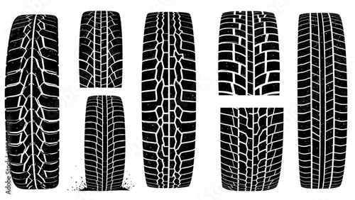Collection of various tire tread patterns and vehicle tracks for different terrains and purposes.