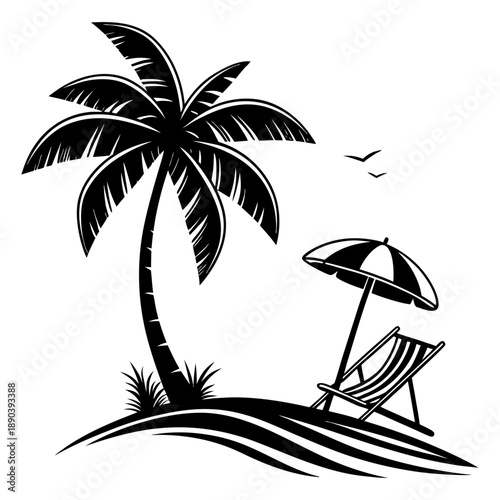Minimal Black Silhouette of Tropical Beach Scene with Palm Tree, Beach Chair, Umbrella, and Ocean Waves.