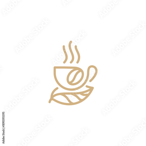 Elegant coffee cup logo with leaf and steam minimalist design.