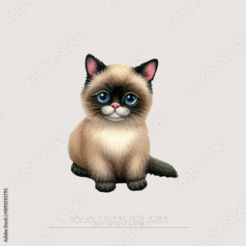 A watercolor vector kitten sitting calmly with a soft, gentle gaze. Ideal for cozy and heartwarming children's illustrations.