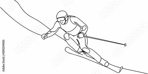A dynamic line drawing depicts a skier in mid descent on a snowy slope