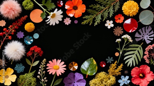 Colorful array of diverse flowers and decorative elements on black background with oval copy space for text in the center  