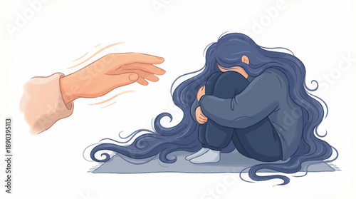 Emotional Support Vector Illustration – Person in Distress with Comforting Hand for Mental Health Awareness, Empathy Design, and Psychological Concept Art