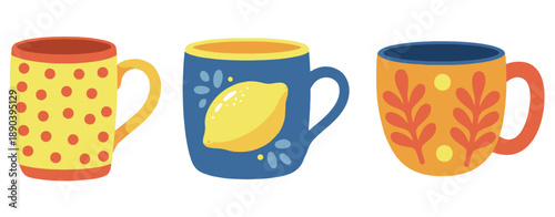 Decorative ceramic mugs with playful patterns and bright colors drinkware beverage