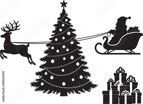 Black and white silhouette of Santa Claus in a sleigh pulled by a reindeer with a decorated Christmas tree and gifts also transparent background