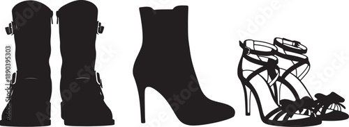 Black Fashion Boots and Heels Silhouettes on White Background also transparent background shoes