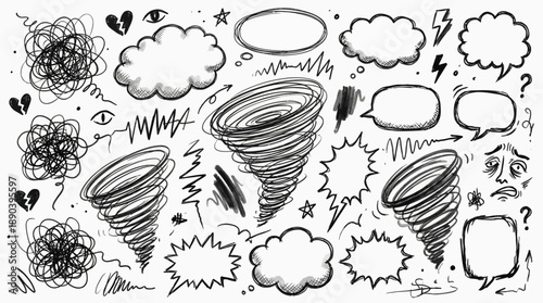 Emotional Chaos Doodle Vector Set – Hand-Drawn Scribbles, Thought Bubbles, and Stress Symbols for Mental Health, Brainstorming, and Expressive Design Use