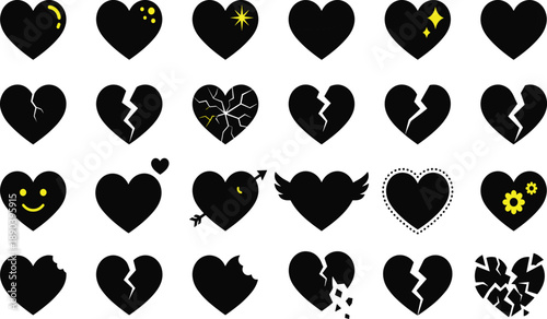 Collection of black heart with yellow accents and various damage states hearts symbol