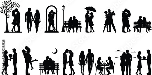 Collection of black silhouettes of couples in romantic poses and everyday scenes