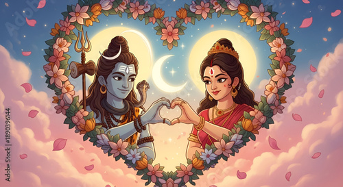 Divine love of Shiva and Parvati forming heart shape hands within floral circle symbolizing sacred union devotion romance spirituality and Maha Shivratri celebration